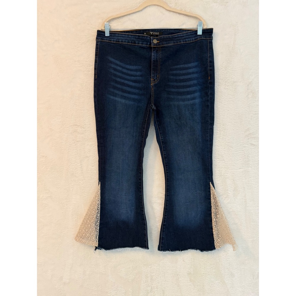 Lucky & Blessed‎ Dark Wash Lace Gusset Flare Jeans Raw Hem L19518 Womens 14